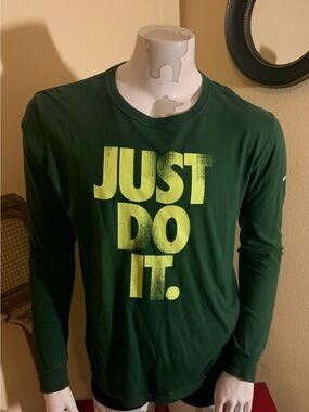 Nike Men's Forest Green Long-Sleeve Tee with Lime Yellow 'JUST DO IT.' Graphic